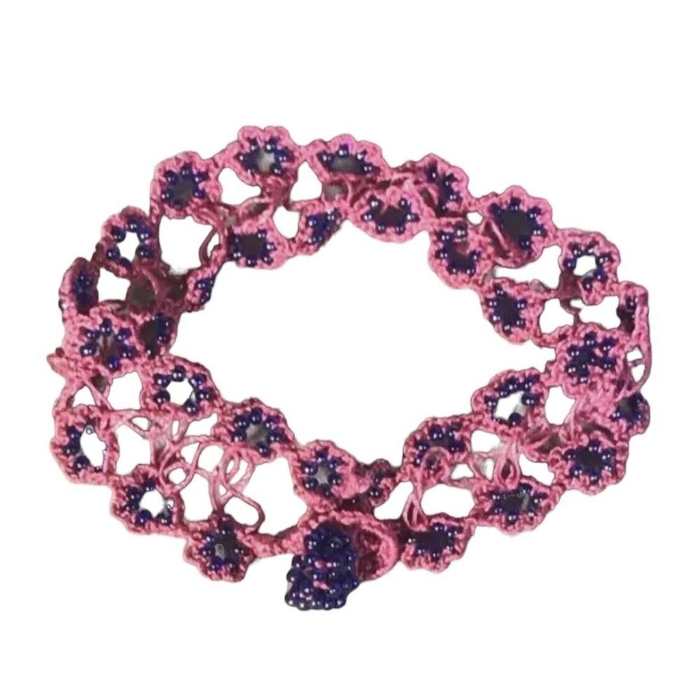 Turkish Artisan Fashion Flat Crochet 8” Bracelet Pink Cord Cobalt Blue Beads